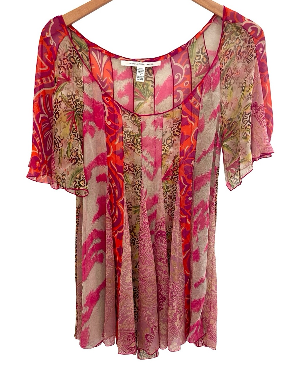 Diane von Furstenberg DVF 100% Silk Mixed Print Sheer Blouse Size 6